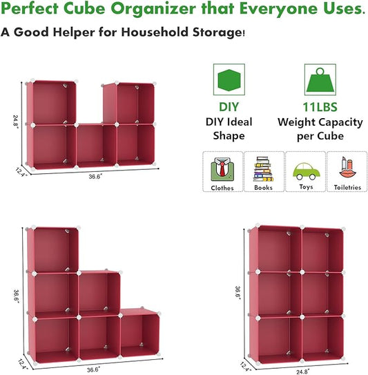 C&AHOME 6-Cube Storage Organizer, Stackable Storage Cubes Shelves, Portable Bookshelf, Plastic Clothing Storage Closet Organizer, DIY Modular Shelving Units for Wardrobe, Home, Red