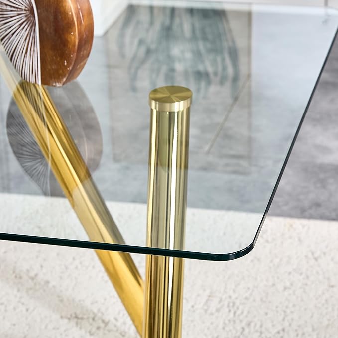 71" Glass Dining Table for 6-8, Modern Dining Room Table with 0.39" Tempered Glass Top and 6 Gold Metal Round Tube Legs, Rectangle Kitchen Dinner Table for Dining Room