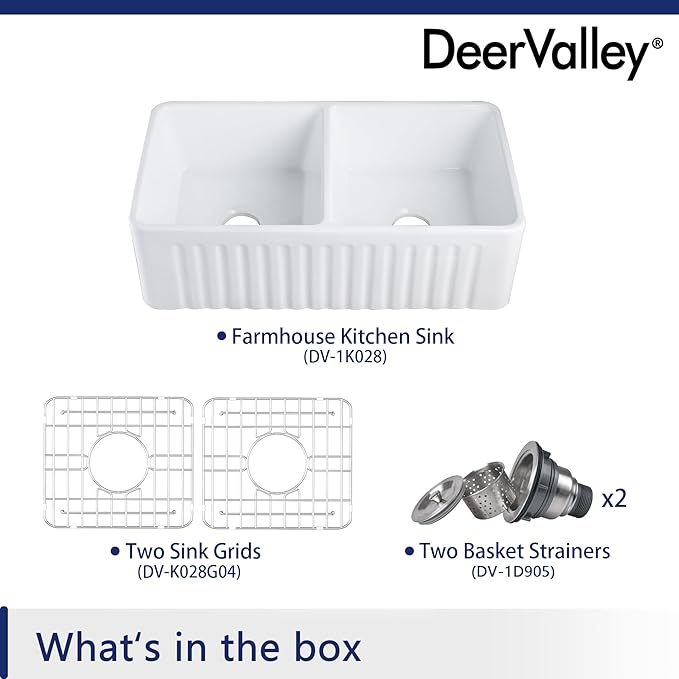 DeerValley Double Bowl Farmhouse Sink 33 inch, Ceramic Apron Front White Farm Sink, Deep Drop-in Fireclay Undermount Reversible Sinks with Grid & Strainer