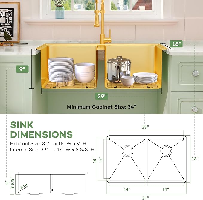 LQS 31 Inch Gold Kitchen Sink, 31x18 Undermount Kitchen Sink, 16 Gauge Stainless Steel Double Bowl, R10 Round Corner for Easy Cleaning, Sleek Style Fit for Any Kitchen Countertop