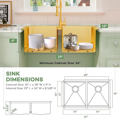 LQS 31 Inch Gold Kitchen Sink, 31x18 Undermount Kitchen Sink, 16 Gauge Stainless Steel Double Bowl, R10 Round Corner for Easy Cleaning, Sleek Style Fit for Any Kitchen Countertop