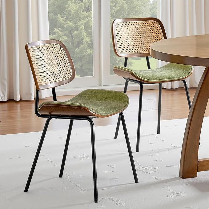 HULALA HOME Rattan Dining Chairs Set of 2, Green Farmhouse Upholstered Kitchen Chairs Set with Square Cane Backrest, Metal Legs for Dining Living Room Resurant Cafe - Moss