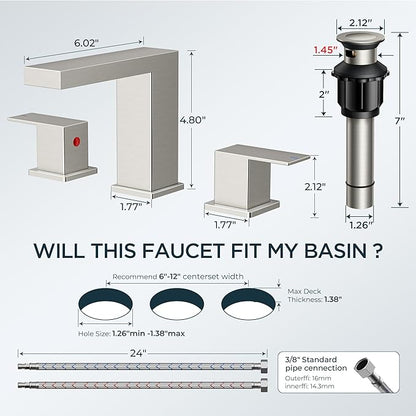 FORIOUS 8 in Brushed Nickel Bathroom Faucet 3 Holes, Two Handle Triphil Brushed Nickel Bathroom Sink Faucet Waterfall with Metal Pop-Up Drain and cUPC Hose for Restroom, Lavatory, Vanity