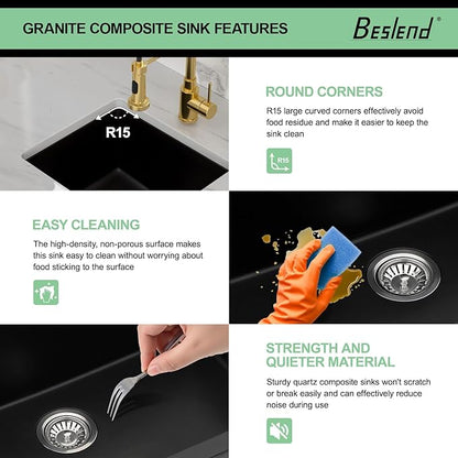 18 Black Granite Composite Bar Sink - 18x16 Undermount Granite Quartz Kitchen Sink Matte Black 9 Inch Depth Small Signle Bowl RV Sinks Under Counter