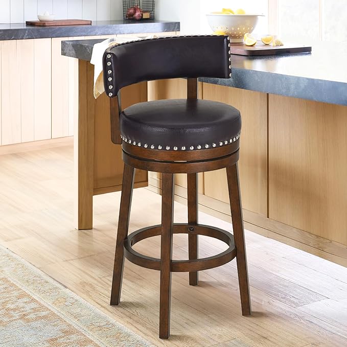 COLAMY Swivel Bar Stool, 30 Inch Counter Height Bar Stool, Wood Modern Upholstered Wooden Barstool with Back for Kitchen Island Dining Room Bar, Dark Brown
