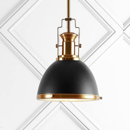 JONATHAN Y 10" Black/Brass Gold Modern Industrial Iron LED Dome Pendant Light, Adjustable Hanging Fixture for Kitchen Island or Entryway, Black Metal Shade, LED Bulb Included JYL9535A