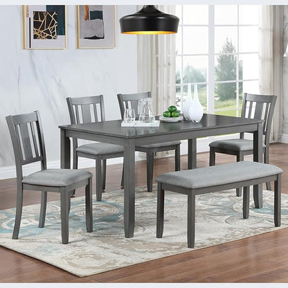 6-Piece Wooden Dining Table Set with 4 Upholstered Chairs and 1 Bench, Rectangular Kitchen Table Set for 6 People, Modern Dining Room Table for Kitchen and Dining, Gray