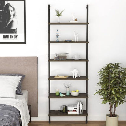 Wolawu Ladder Shelf Black 6 Tiers Modern Bookshelf Room Organizer Open Tall Wall Mount Bookcase Standing Leaning Wall Shelves Industrial Decorative Living Room Bed Room (Brown)