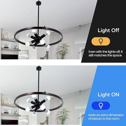 8-Light Wagon Wheel Chandelier, Modern Farmhouse Chandelier for Dining Room Light Fixture 25.5" Rustic Industrial Round Hanging Pendant Lighting for Bedroom, Living Room, Foyer, Kitchen Island