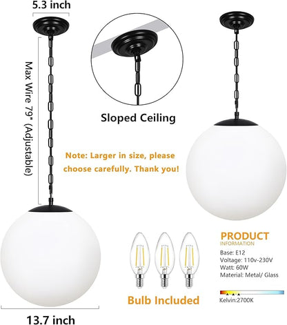 KoKo&Yukina 14" Black Globe Pendant Light Mid Century Pendant Light Milk Glass Pendant Lights Kitchen Island Adjustable Hanging Light Fixture for Dining Room Bedroom Kitchen Island