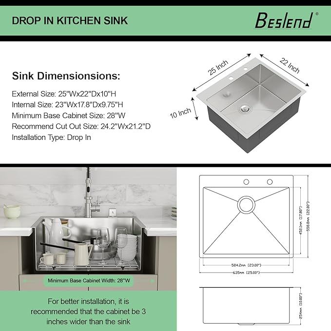 25 Drop In Kitchen Sink -Beslend 25x22 Inch Stainless Steel Kitchen Sinks 16 Guage Single Bowl Handmade Sinks Topmount Bar Sink Basin