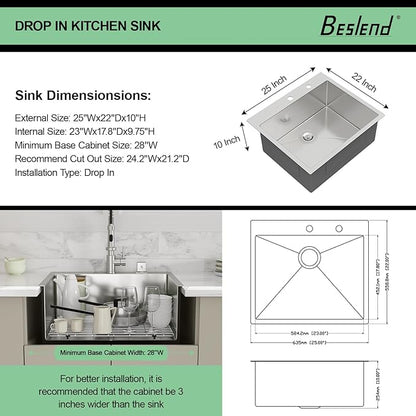 25 Drop In Kitchen Sink -Beslend 25x22 Inch Stainless Steel Kitchen Sinks 16 Guage Single Bowl Handmade Sinks Topmount Bar Sink Basin