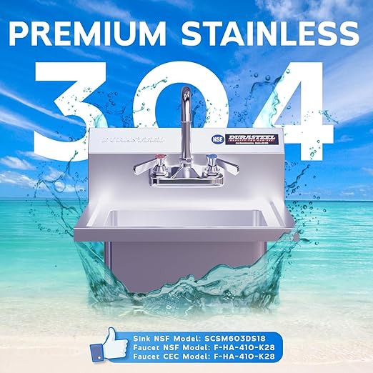DuraSteel Commercial Hand Wash Sink - NSF Commercial Hand Sink Faucet Included 12x10 Basin - Restaurant Wall Mount Stainless Steel Kitchen Handwashing Sinks Station - Mounted Handwash Sinks, Washing