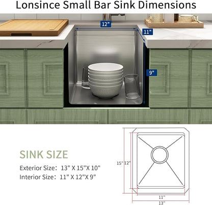 Bar Sink Undermount 13 X 15 inch,16 Gauge Stainless Steel Bar Sink,Outdoor Small RV Sinks,Wet Bar Prep Sink with Workstatin (13" X 15")