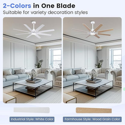 Newday 62 inch Large Ceiling Fans with Lights and Remote, Indoor/Outdoor White Ceiling Fan for Living Room Patio, 6 Speeds Slient Reversible DC Motor, 3CCT, Timer, 2 Downrods, 8 Blades