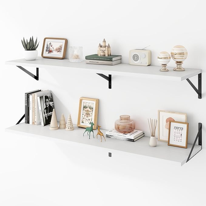 Acovy Deep Floating Shelves Wall Mounted, 48"x12" White Wall Shelves with Brackets Set of 2 for Bedroom, Living Room, Bathroom, Kitchen, Office - Storage & Display Shelf for Decor, Books, Plants