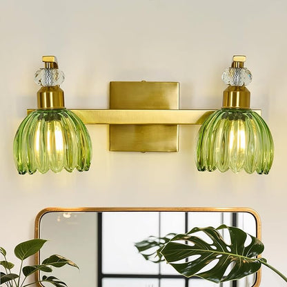 Vintage Gold Vanity Light 2 Lights Bathroom Lighting Fixture with Green Tulip Glass Shade Antique Brass Vanity Lights Over Mirror for Kitchen Bedroom Living Room Farmhouse
