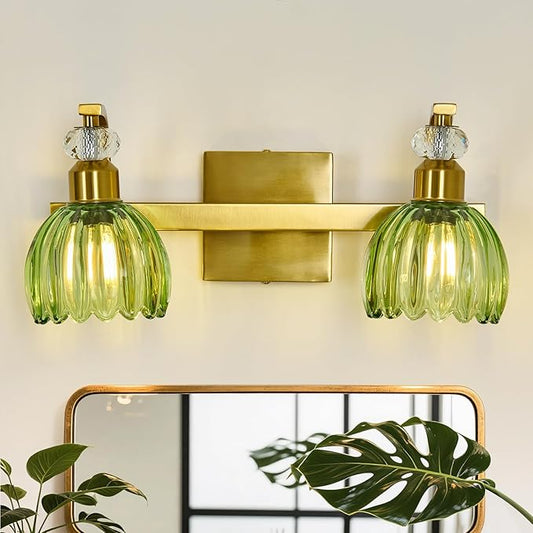 Vintage Gold Vanity Light 2 Lights Bathroom Lighting Fixture with Green Tulip Glass Shade Antique Brass Vanity Lights Over Mirror for Kitchen Bedroom Living Room Farmhouse