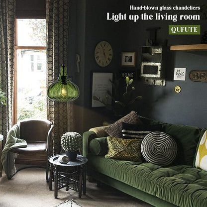 Vintage Pendant Lights Green Glass Hanging Lights Mid-Century Modern Pendant Light Fixtures Black Finish 9.45″ Globe Hammered Shade Adjustable Pendant Lighting Kitchen Sink Farmhouse