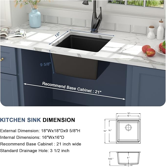 Lordear 18 Inch Undermount Granite Composite Bar Sink 18"x18" Composite Quartz Kitchen Sinks Black Single Bowl Under Counter Ledge Workstation Bar Prep RV Sink Basin