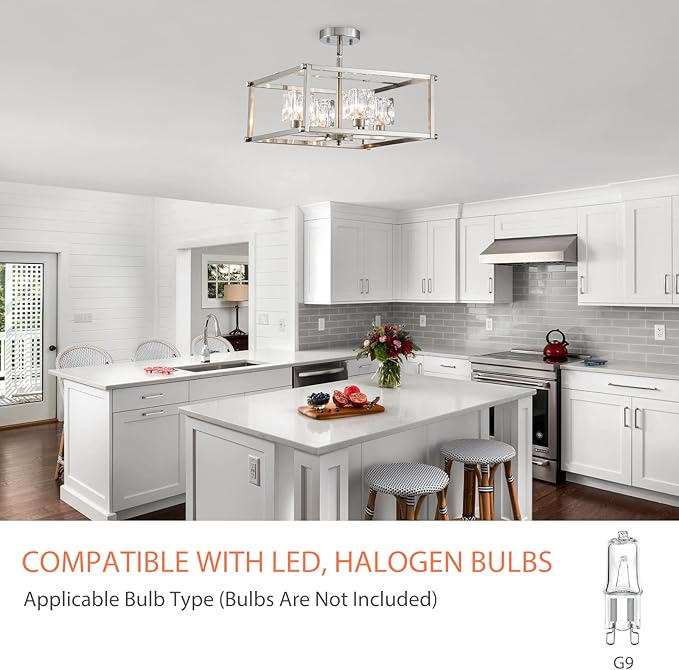 4-Light Farmhouse Chandelier for Dining Room, Modern Brushed Nickel Light Fixture,Pendant Light for Kitchen, Living Room, Hallway, Bedroom, Foyer, Stylish Home Décor