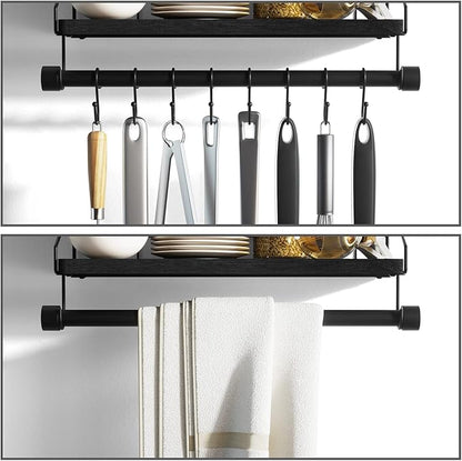 Alsonerbay Floating Shelves Wall Shelves for Bedroom, Bathroom Shelves Wall Mounted with Towel Bar, Kitchen Rustic Wood Shelf with Hooks for Hanging Cooking Utensils or Mugs