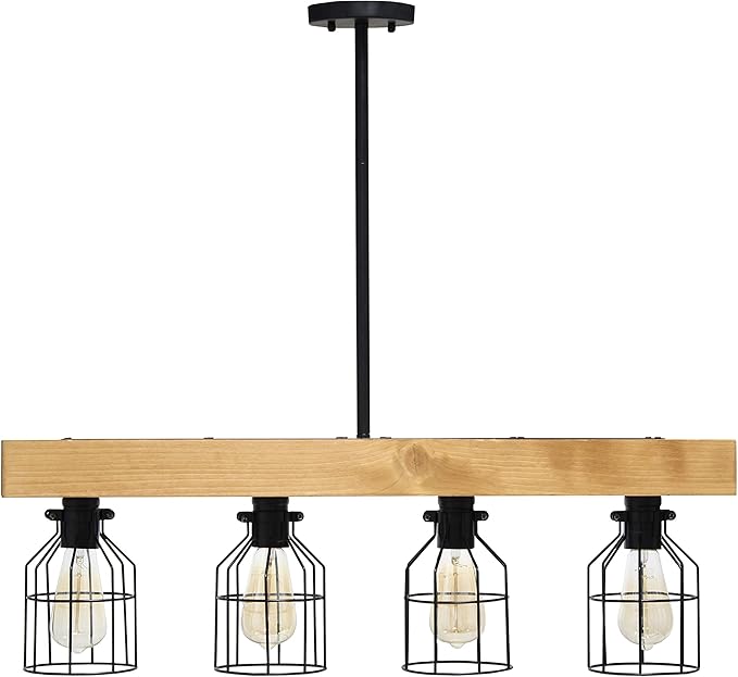 Elegant Designs CH1001-LWD 4 Light Rustic Farmhouse Industrial Wired Cage Pendant Island Light Chandelier, Light Wood