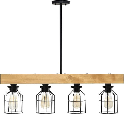 Elegant Designs CH1001-LWD 4 Light Rustic Farmhouse Industrial Wired Cage Pendant Island Light Chandelier, Light Wood