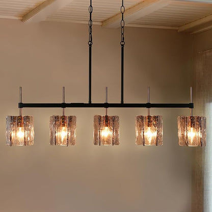 5-Light Farmhouse Linear Chandelier Pendant Lighting 39" W Ceiling Light Matte Black and Brass Gold, Smoked Glass Shade, Blown Glass, for Dining Table, Kitchen Island Light Fixtures