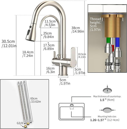 Kitchen Sink Faucet with Pull - Down Sprayer, 2 - Handle 3 - in - 1 Kitchen Sink Filter Faucet, Cold and Hot Mixer Drinking Water Faucet (3-in-1 Filter Faucet, Brushed Nickel-1)
