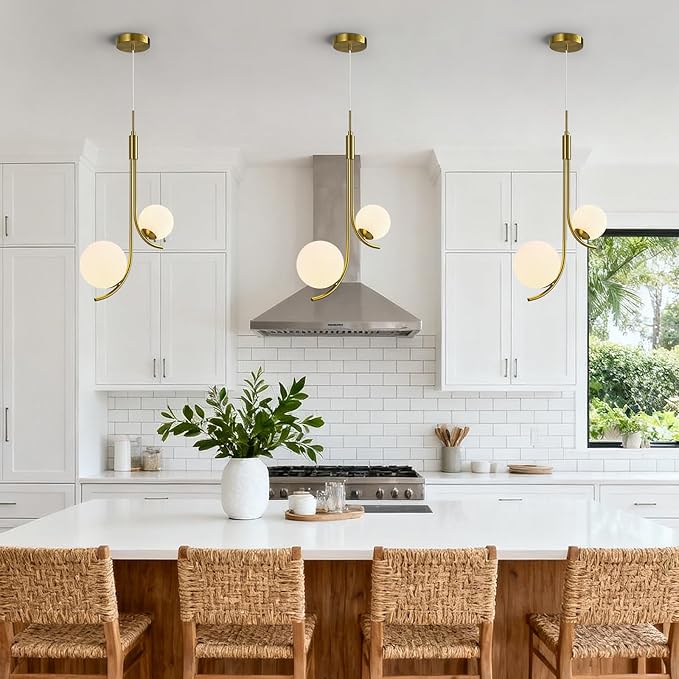 Modern Pendant Light Fixture Gold Globe Pendant Lights Kitchen Island White Frosted Milk Glass Sputnik Chandelier Vintage for Kitchen, Office, Entryway (2-Light)