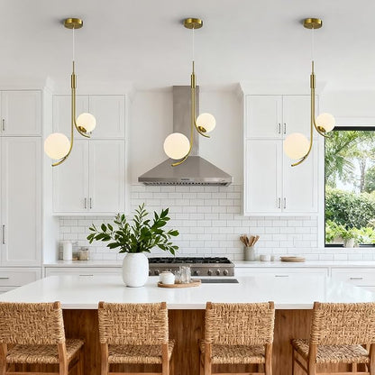 Modern Pendant Light Fixture Gold Globe Pendant Lights Kitchen Island White Frosted Milk Glass Sputnik Chandelier Vintage for Kitchen, Office, Entryway (2-Light)