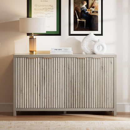 OAKHAM HOME Buffet Cabinet Fluted Sideboard 56" Accent Cabinet with Adjustable Shelves 4 Doors Modern Storage Credenza for Living Room Kitchen Hallway, Grey Ash Oak