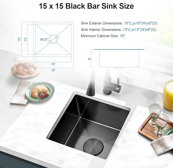 15x15 Gunmetal Black Bar Sink Undermount, Stainless Steel Single Bowl Handmade Square Wet Bar & Prep Under Counter Small Kitchen Sinks with Grid
