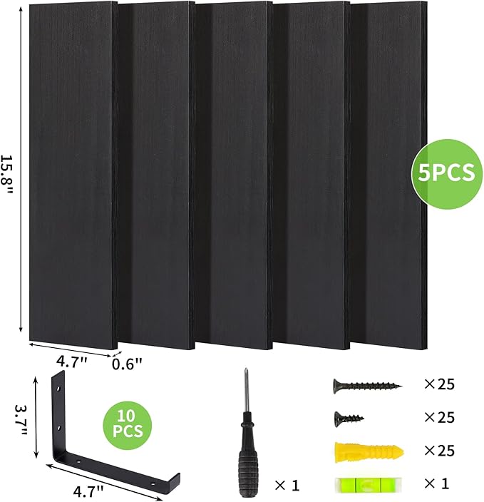 Fixwal Wall Shelves, Width 4.7 Inches Black Floating Shelves for Wall, Rustic Wood Wall Storage Shelves for Bedroom, Living Room, Kitchen, Bathroom, Home Decor (Set of 5 Black)