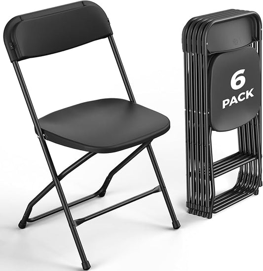 6 Pack Black Plastic Folding Chairs, Outdoor Portable Folding Chair with Steel Frame, 350lbs Capacity Stackable Foldable Chairs for Patio, Garden, Picnic, Kitchen, Events