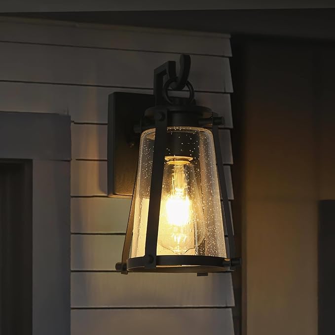 Outdoor Wall Lantern Light Fixture, Black Exterior Wall Mounted Sconces with Seeded Glass, Farmhouse Anti-Rust Porch Lights for Front Door, Garage, Entry, Porch, Patio, and Gazebo
