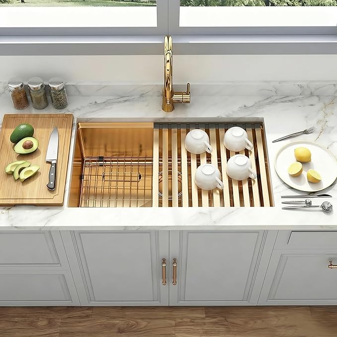Gold Undermount Kitchen Sink, 16 Gauge T-304 Stainless Steel All In One Workstation Sinks With Full Set Accessories, 30" x 18" x 10" Large and Deep Handmade Single Bowl Kitchen Sinks
