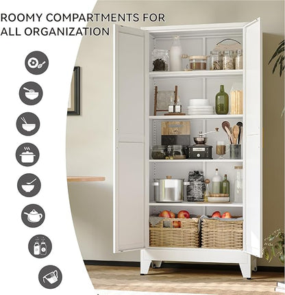 COFaR 71" Metal Pantry Cabinet with 5 Adjustable Shelves, White Storage Cabinet with Doors, Sturdy Freestanding Cupboard for Kitchen Organization, Living Room & Bathroom