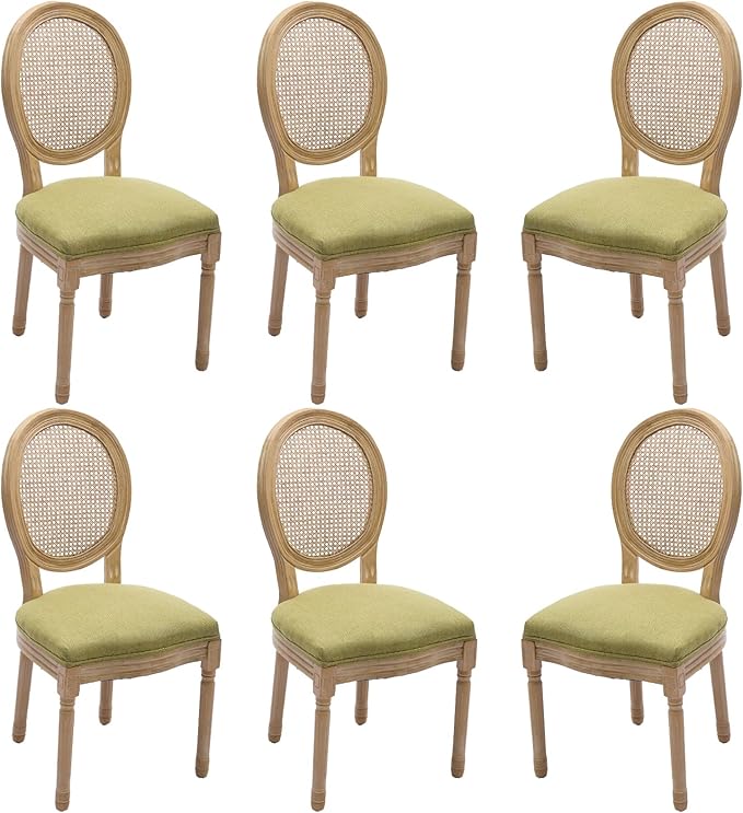 Linen Wooden Dining Chair Set of 6, Upholstered Farmhouse Dining Chair with Solid Wood Frame, Kitchen & Dining Room Chairs for Living Room, Restaurant, Bedroom (Green-Rattan, Set of 6)