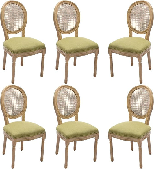 Linen Wooden Dining Chair Set of 6, Upholstered Farmhouse Dining Chair with Solid Wood Frame, Kitchen & Dining Room Chairs for Living Room, Restaurant, Bedroom (Green-Rattan, Set of 6)