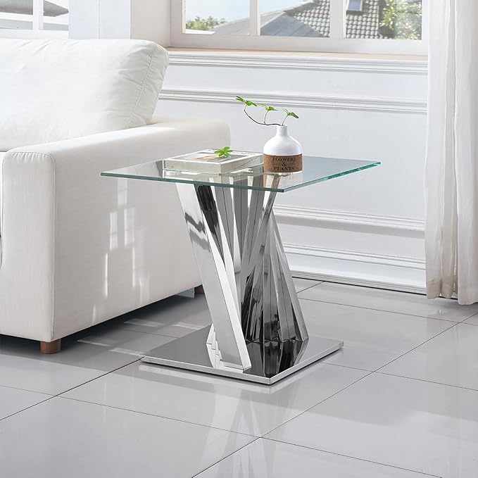 2 Piece Glass Coffee Table Set of 2 Modern Silver Living Room Table Set Include Coffee Table & Sofa Table,Tempered Glass Top with Stainless Steel Base for Home Office
