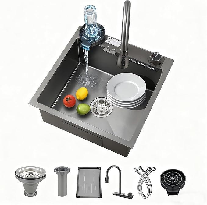Waterfall Kitchen Sink 15" x 15" Drop-in Single Bowl Sinks, SUS304 Workstation Handmade Undermount Sink With Pull-out Faucet, Cup Washer & Accessories (Black, 15" x 15")