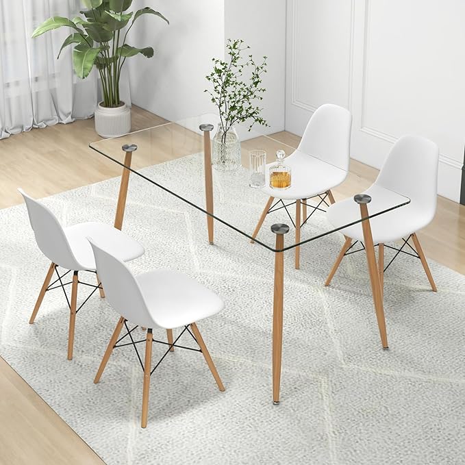Giantex Dining Table Set for 4, Rectangular Glass Dining Table & 4 White DSW Chairs, 5-Piece Modern Dinette Set for Breakfast Nook, Dining Room, Kitchen, Living Room, White