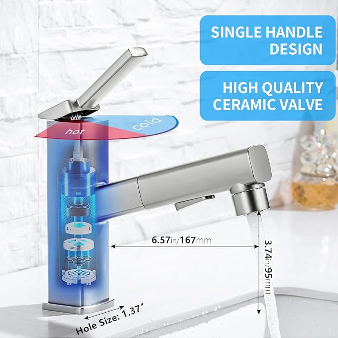 HANLIAN Single Hole Bathroom Pull Out Faucet with Rotating Spout, One Handle Faucet for Bathroom Sink, Modern Bathroom Faucet with Pull Down Sprayer, 3 Modes Vanity Faucets (Brushed Nickel, Regular)