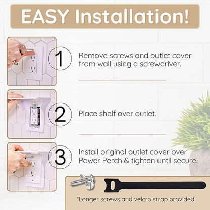 Power Perch Horizontal Wall Outlet Shelf with Cord Storage Strap - Declutter & Reclaim Bathroom Counter Space - Alexa Stand, Apple Homepod Shelf, Toothbrush Holders Wall Mounted - White, 1-Pack