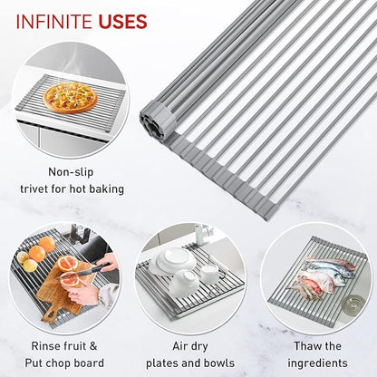 MERRYBOX Roll Up Dish Drying Rack, Over The Sink Dish Rack Foldable, Heat-Resistant, Anti-Slip Silicone Coated Dish Drainer for Kitchen Counter, Large & Multipurpose Sink Drying Rack, 20.5" x 13.1"