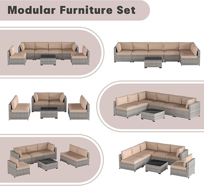 Patio Furniture Set, 7-Piece Outdoor Sectional Couch with Coffee Table & Thick Cushions, Outdoor Wicker Conversation Set for Backyard, Poolside, Garden (Grey White-Camel, 7 Piece-Single)