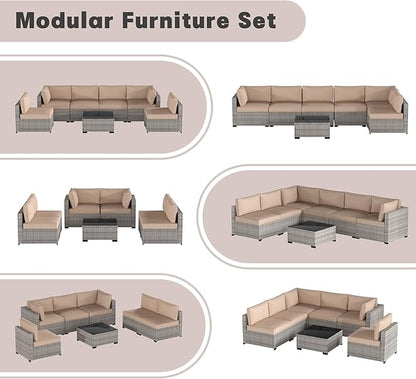 Patio Furniture Set, 7-Piece Outdoor Sectional Couch with Coffee Table & Thick Cushions, Outdoor Wicker Conversation Set for Backyard, Poolside, Garden (Grey White-Camel, 7 Piece-Single)