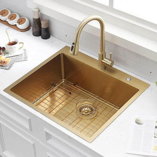 Stainless Steel Gold Kitchen Sink, 25x22 Drop in Kitchen Sink Single Bowl Outdoor Brushed Gold Topmount 16 Gauge Utility RV 10 Inch Deep Basin